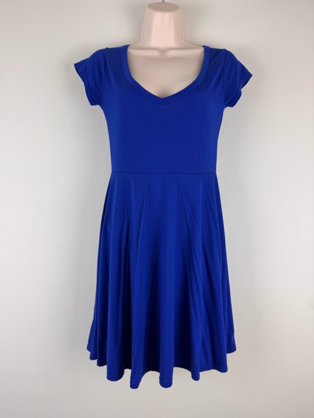 SUPRE Royal Blue V Neck Mini Dress Fit Flare Short Sleeve Size S